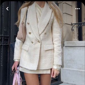 Zara white tweed double breasted blazer skirt set